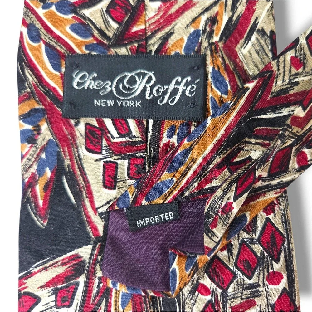 Chez‎ Roffe Silk Necktie Abstract Art Print Black Burgundy Gold Blue Vintage OS